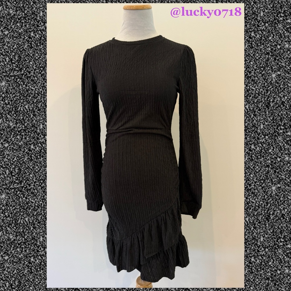 PrettyGarden NWT Black Ruched Bodycon Long Puff Sleeve Mini Dress in Black Sz S - Picture 5 of 10